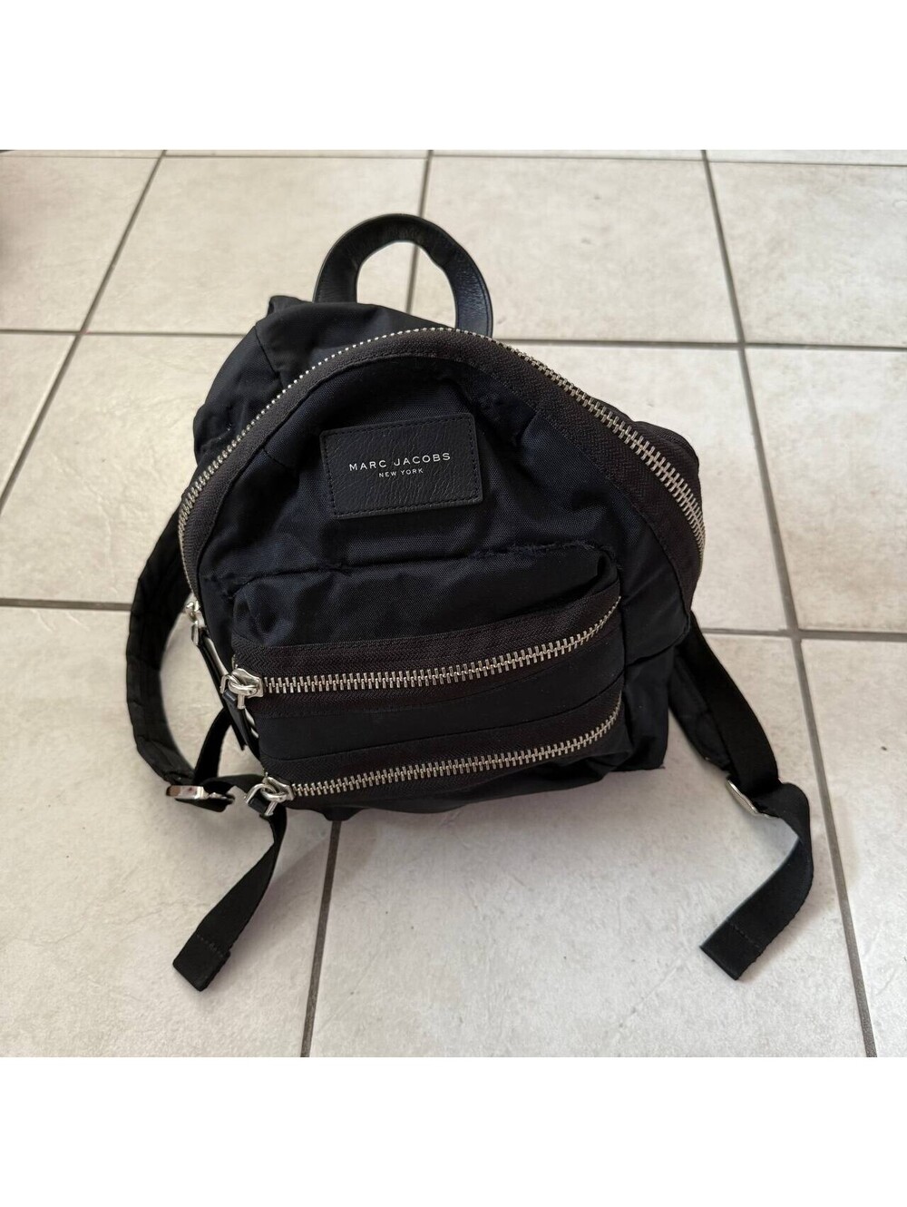 Marc Jacobs Medium Black Nylon Backpack Silver Zip Leather Trim Bag